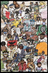 a drawing of a group of people and cartoon characters