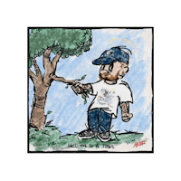 a drawing of a man holding a tree