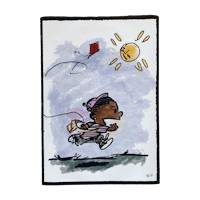 a drawing of a boy running with a kite