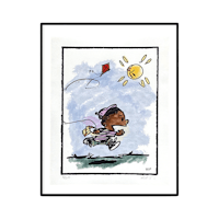 a drawing of a girl running with a kite