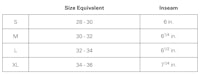 a table showing the sizes of a pair of pants and a pair of shorts