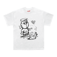 a white t - shirt with a drawing of a cat